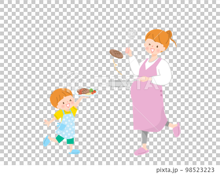 ハンバーグを作る親子のベクターイラスト素材 98523223