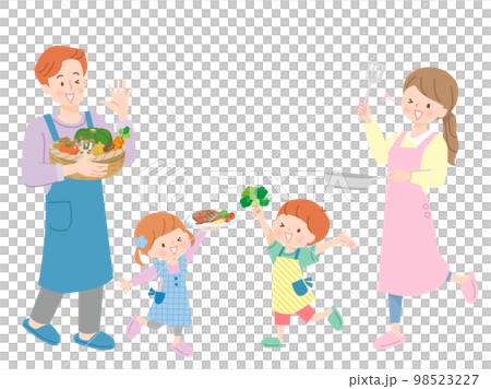 沢山の野菜で料理をする親子のベクターイラスト素材 98523227