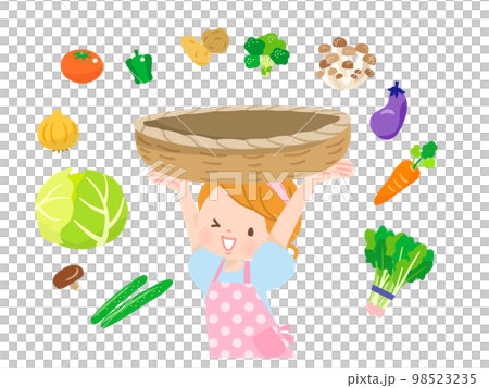 A set of a girl in an apron, a basket and vegetables 98523235