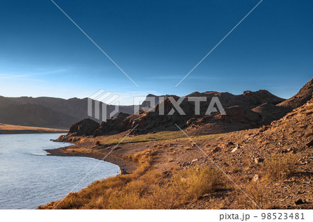 Riverside landscape near the Ili River in the Almaty region of Kazakhstan 98523481