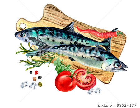 Mackerel and spice on cutting board watercolor illustration isolated on white. Mackerel and spice on cutting board watercolor illustration isolated on white. 98524177
