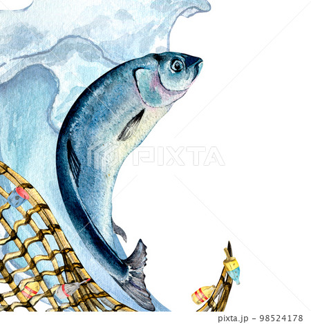 Composition of herring and fishnet watercolor illustration isolated on white. 98524178