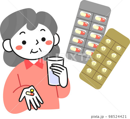 薬と薬をのむシニア女性の上半身 98524421