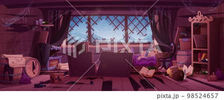 Old broken pirate ship cabin inside 98524657