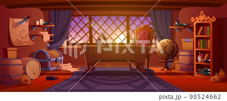Old pirate ship cabin inside at sunset 98524662