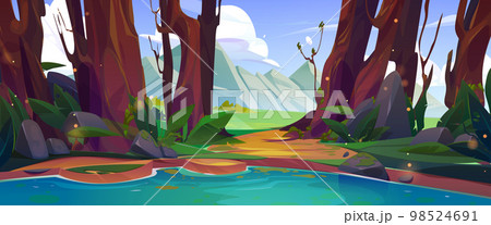 Mountain valley scene with lake and floating log Mountain valley scene with lake and floating log 98524691