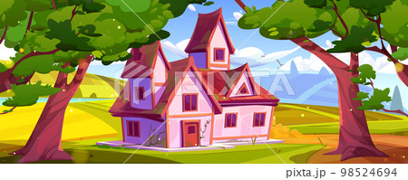 Summer countryside house, farm buildings, field Summer countryside house, farm buildings, field 98524694