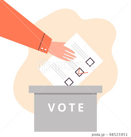 Hand drops the ballot into ballot box flat cartoon vector illustration isolated. 98525951