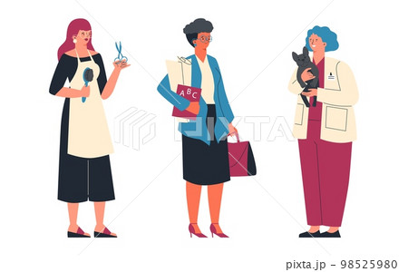 Women professionals veterinarian, teacher and hairdresser, flat vector isolated. Women professionals veterinarian, teacher and hairdresser, flat vector isolated. 98525980
