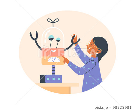 Banner design with clever kid girl with robotic toy, flat vector isolated. Banner design with clever kid girl with robotic toy, flat vector isolated. 98525981