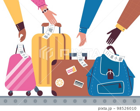 Hands of people taking luggage in airport flat vector illustration isolated. Hands of people taking luggage in airport flat vector illustration isolated. 98526010