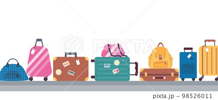 Baggage on conveyor belt in airport terminal flat vector illustration isolated. 98526011
