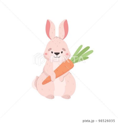 Easter rabbit or bunny with carrot in paws flat vector illustration isolated. 98526035