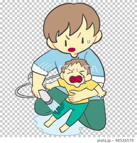 A father who gives first aid by pouring water on a burnt child 98526579