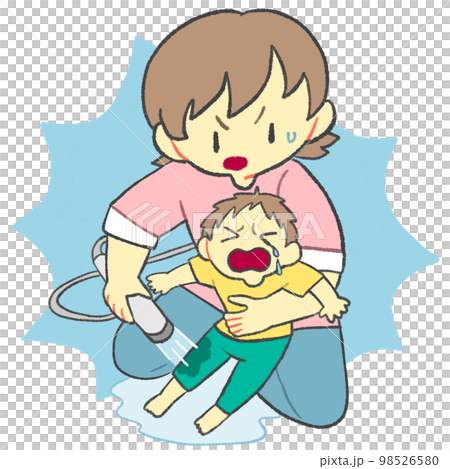 A mother who gives first aid by pouring water on a burnt child 98526580