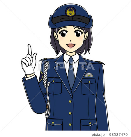 指差しして笑顔で話す女性警察官（上半身） 98527470