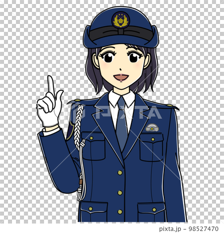 指差しして笑顔で話す女性警察官（上半身） 98527470