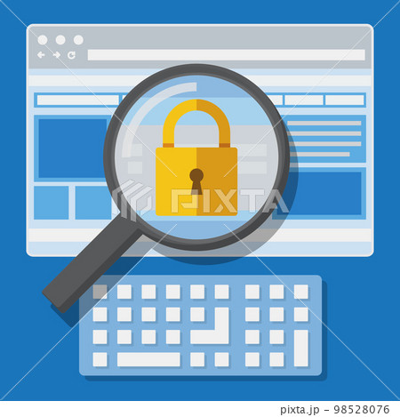 magnifying glass zoom padlock and key with web browser background 98528076
