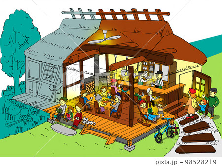 空き家の古民家を多世代が集うコミュニティカフェにリノベーションしたビフォーアフターのイラスト 空き家の古民家を多世代が集うコミュニティカフェにリノベーションしたビフォーアフターのイラスト 98528219