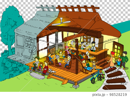 空き家の古民家を多世代が集うコミュニティカフェにリノベーションしたビフォーアフターのイラスト 空き家の古民家を多世代が集うコミュニティカフェにリノベーションしたビフォーアフターのイラスト 98528219