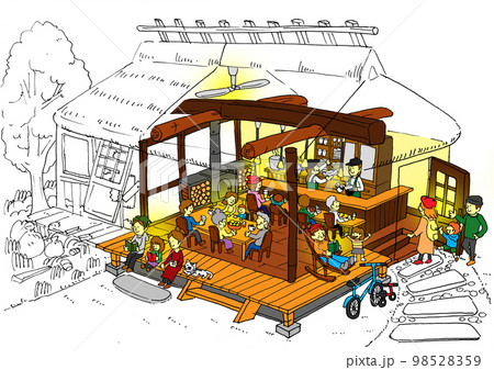 空き家の古民家を多世代が集うコミュニティカフェにリノベーションしたビフォーアフターのイラスト 98528359