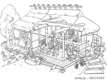 空き家の古民家を多世代が集うコミュニティカフェにリノベーションしたビフォーアフターのイラスト（線画） 98528360