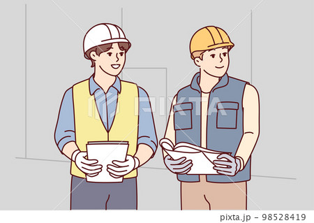 Two male builders in worker uniform look to side discussing construction process. Vector image 98528419