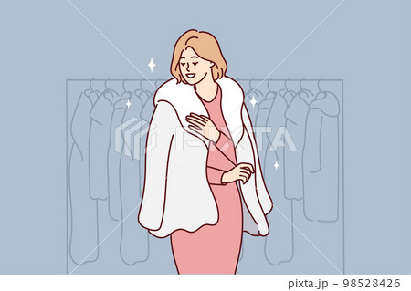 Successful woman trying on natural fur coat stands in winter outerwear store. Vector image 98528426