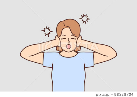 Unhappy woman suffer from excessive noise Unhappy woman suffer from excessive noise 98528704