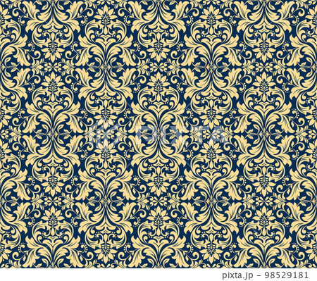 Floral pattern. Vintage wallpaper in the Baroque style. Seamless vector background. Gold and dark blue ornament for fabric, wallpaper, packaging. Ornate Damask flower ornament 98529181