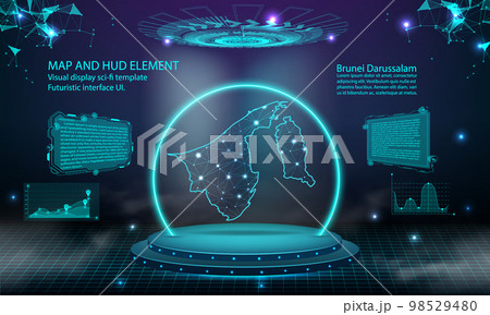 brunei map light connecting effect background. abstract digital technology UI, GUI, futuristic HUD Virtual Interface with brunei map. Stage futuristic podium in fog. 98529480