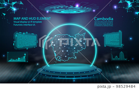 cambodia map light connecting effect background. abstract digital technology UI, GUI, futuristic HUD Virtual Interface with cambodia map. Stage futuristic podium in fog. cambodia map light connecting effect background. abstract digital technology UI, GUI, futuristic HUD Virtual Interface with cambodia map. Stage futuristic podium in fog. 98529484