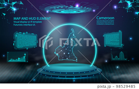 cameroon map light connecting effect background. abstract digital technology UI, GUI, futuristic HUD Virtual Interface with cameroon map. Stage futuristic podium in fog. 98529485