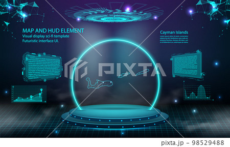 cayman Islands map light connecting effect background. abstract digital technology UI, GUI, futuristic HUD Virtual Interface with cayman Islands map. Stage futuristic podium in fog. 98529488