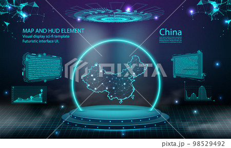 china map light connecting effect background. abstract digital technology UI, GUI, futuristic HUD Virtual Interface with china map. Stage futuristic podium in fog. 98529492