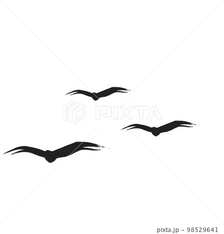 スタイリッシュ 遠くの空に筆書きの三羽の鳥のイラスト素材 [98529641