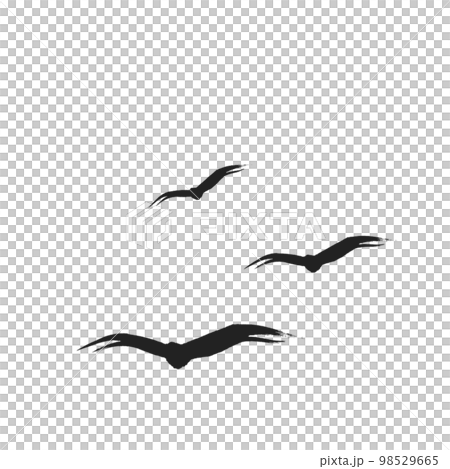 Three stylish brush-drawn birds fly far into the sky 98529665