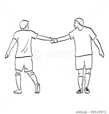 line art full length of soccer player with handshake after match illustration vector hand drawn isolated on white background 98529672