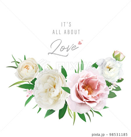 Elegant floral invite, greeting card with watercolor style blush pink peony, white rose, greenery garden leaves, wreath bouquet decoration. Wedding, birthday, celebration illustration. Editable vector Elegant floral invite, greeting card with watercolor style blush pink peony, white rose, greenery garden leaves, wreath bouquet decoration. Wedding, birthday, celebration illustration. Editable vector 98531185