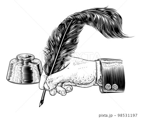 A feather quill ink writing pen and inkwell in a vintage retro woodcut or  woodblock line art drawing style Stock Vector