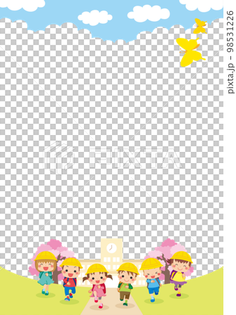 Illustration of a group of cute elementary school students running from elementary school background template copy space Illustration of a group of cute elementary school students running from elementary school background template copy space 98531226