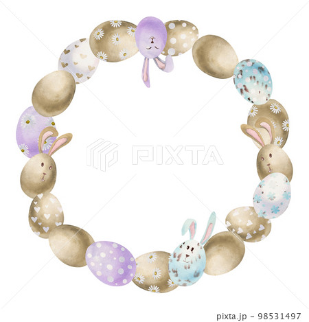 Watercolor hand drawn Easter celebration clipart. Circle wreath with eggs, bunnies, bows and spring leaves. Isolated on white background. Design for invitations, gifts, greeting cards, print, textile Watercolor hand drawn Easter celebration clipart. Circle wreath with eggs, bunnies, bows and spring leaves. Isolated on white background. Design for invitations, gifts, greeting cards, print, textile 98531497