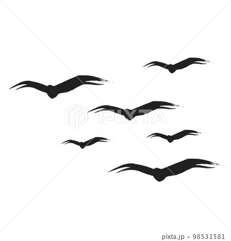 筆書きイラスト 群れをなして飛ぶ鳥のシルエットのイラスト素材