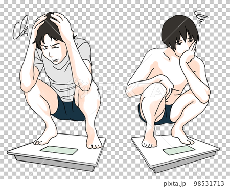 Illustration of a man worried about getting on a weight scale Illustration of a man worried about getting on a weight scale 98531713
