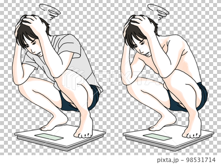 Illustration of a man holding his head on a weight scale 98531714