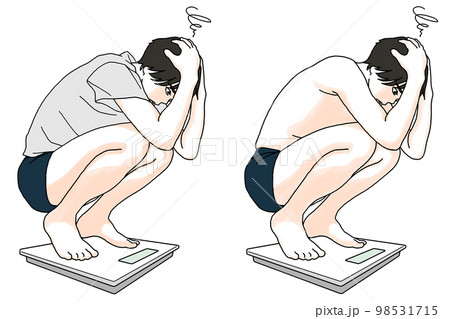 体重計に乗って落ち込む男性のイラスト 98531715