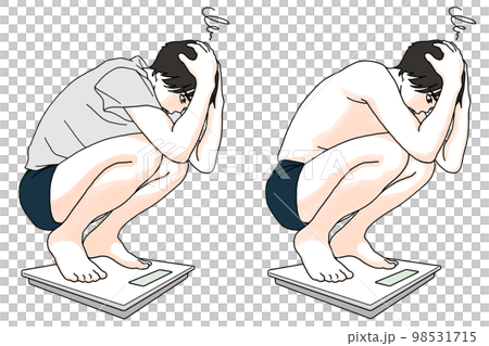 体重計に乗って落ち込む男性のイラスト 98531715
