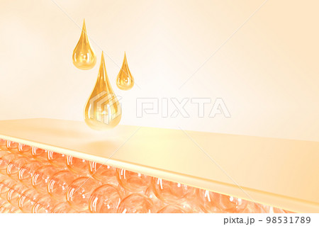 Gold oil drops, serum or collagen essence on skin cells, mockup banner 3d render. Cosmetic skincare product with abstract bubbles of skin layer, macro design structure adipose tissue 98531789