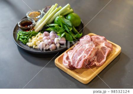 Raw Pork and herb ingredients, preparation for Cooking in Thai food menu. 98532124
