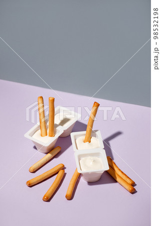 Minimal concept of food and dessert. flat lay, top view. Marshmellow and breadsticks, sweet street snack. Tredy color, hard shadow, menu for cafe, copy space, flyer, banner 98532198